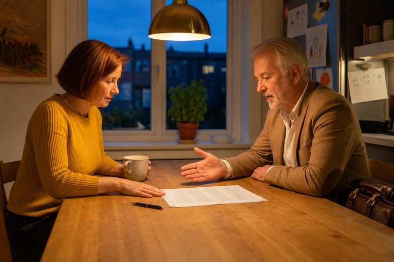 Ein Mann im Sakko erklärt einer Frau am Küchentisch unter der Hängelampe ein Schriftstück, das vor ihr liegt