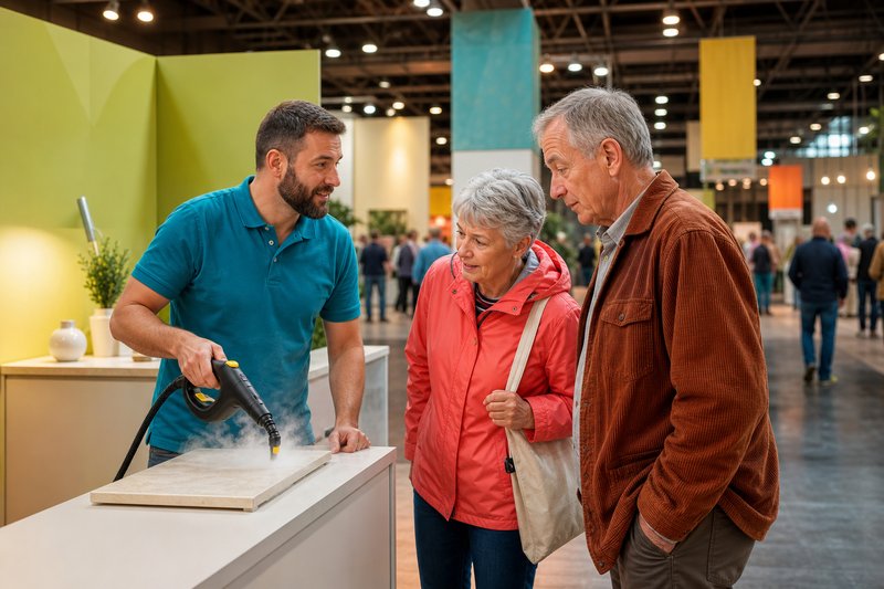 Ein Verkäufer führt an einem Messestand einen Dampfreiniger vor und spricht ein vorbeigehendes älteres Paar an