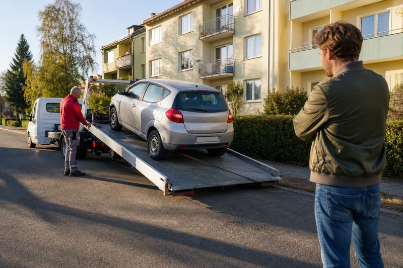 Ein silberner Gebrauchtwagen rollt vor einem Wohnhaus über die abgesenkte Ladefläche eines Autotransporters, der Käufer schaut vom Gehweg aus zu