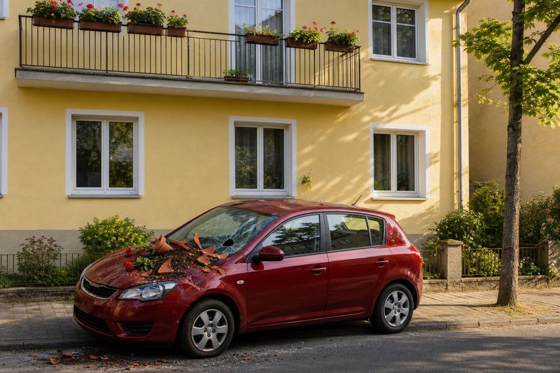 Zerbrochener Blumenkübel mit Erde auf der Motorhaube eines roten Autos, darüber ein Balkon mit Blumenkästen