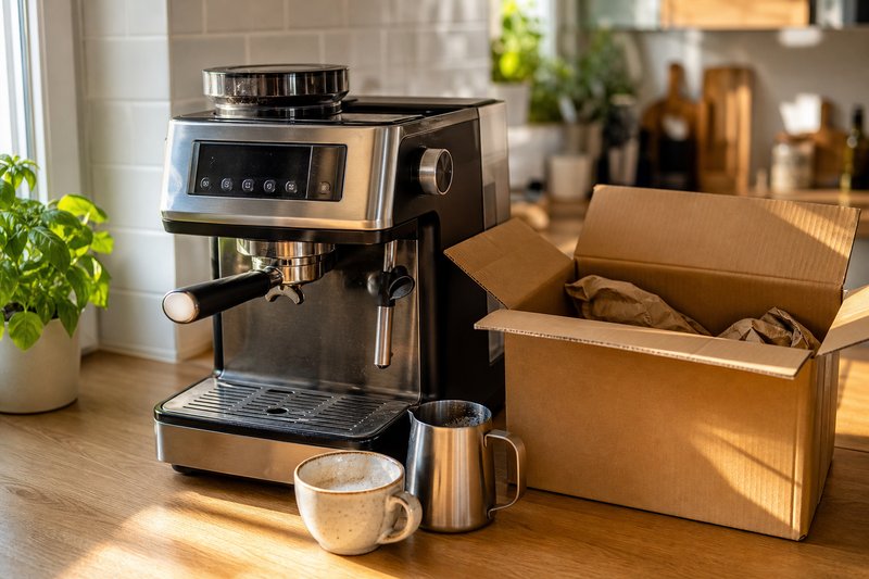 Kaffeevollautomat auf einer Küchenarbeitsplatte, daneben ein offener Versandkarton und eine benutzte Tasse