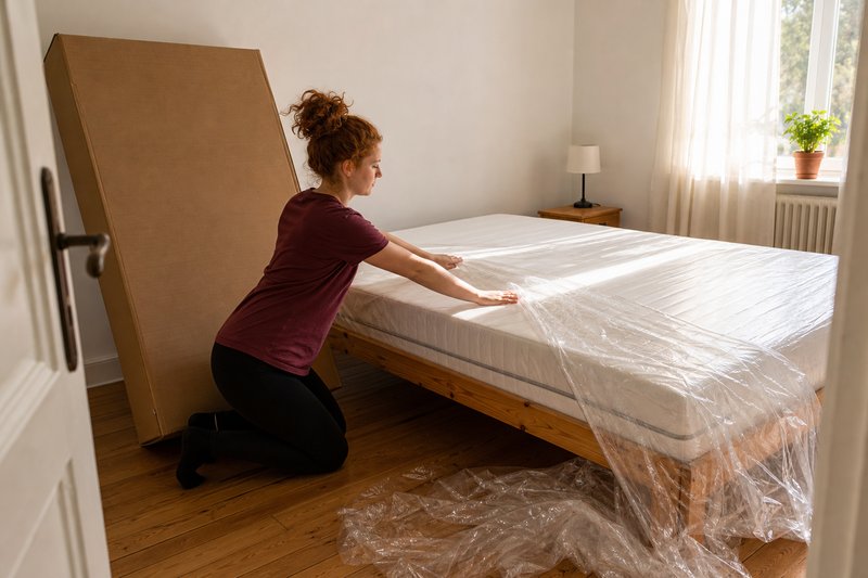 Eine junge Frau zieht am Bett die halb abgezogene Schutzfolie wieder über eine neue Matratze, daneben lehnt der flache Versandkarton