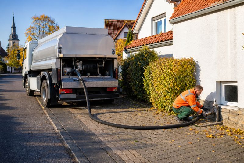 Ein Tankwagen liefert Heizöl, der Schlauch führt über den gepflasterten Weg zum Einfüllstutzen an der Hauswand