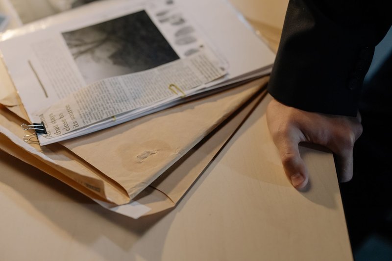 Hand auf einem Schreibtisch neben Zeitungsausschnitten und Aktenumschlägen
