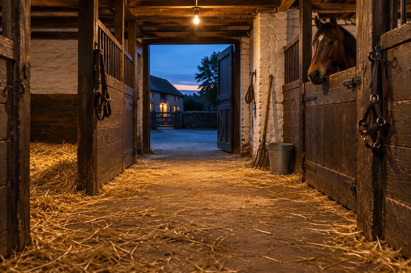 Blick durch den Mittelgang eines Pferdestalls, Stroh auf dem Boden, ein Pferd schaut über die Boxentür, die Stalltür steht zum Hof offen.