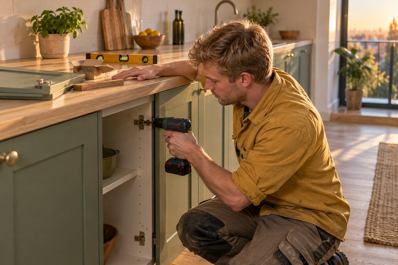 Handwerker schraubt in einer hellen Küche ein Scharnier an einen Unterschrank, Werkzeug liegt auf der Arbeitsplatte