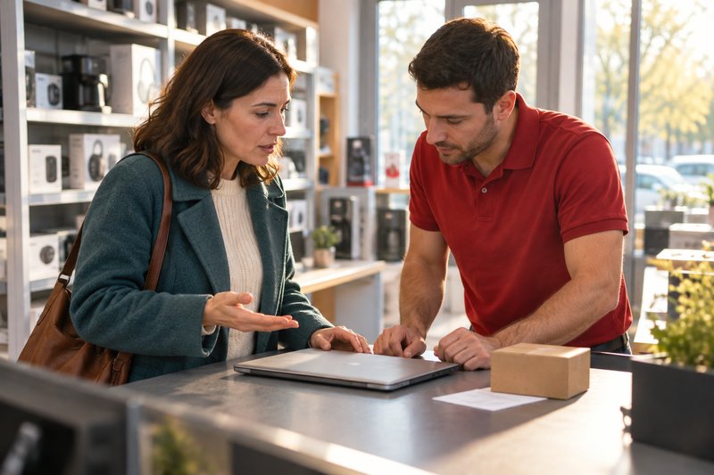 Kundin stellt an der Servicetheke eines Elektrofachmarkts einen Laptop vor einen Mitarbeiter und erklärt den Fehler