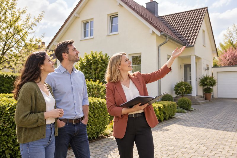 Maklerin mit Unterlagen zeigt einem Paar die Fassade eines Einfamilienhauses bei Tageslicht