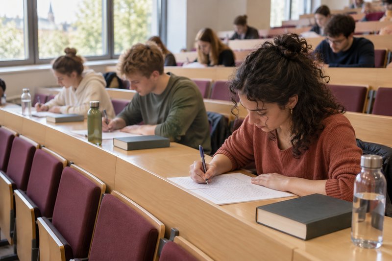 Studierende schreiben in den ansteigenden Reihen eines Hörsaals handschriftlich an ihrer Klausur
