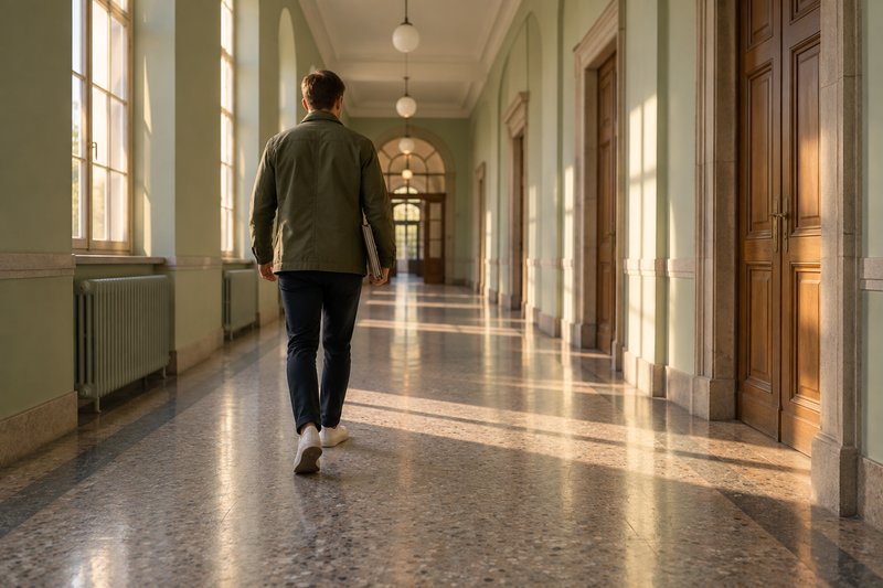 Junger Mann geht von hinten gesehen durch den Flur eines Justizgebäudes