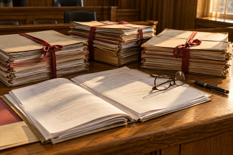 Gebündelte Akten mit roten Bändern und aufgeschlagene Schriftsätze auf einem Richtertisch