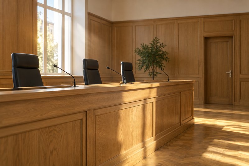 Leerer Sitzungssaal, die Richterbank aus hellem Eichenholz läuft schräg durchs Bild, drei leere Stühle dahinter