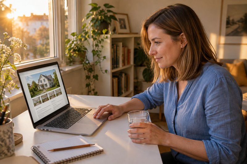 Frau am Laptop betrachtet ein Immobilienangebot mit dem Foto eines Einfamilienhauses