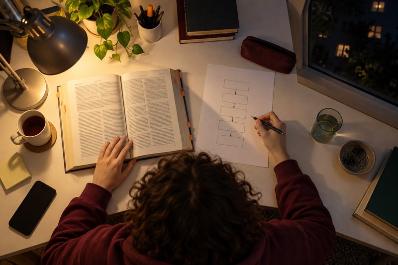 Blick von oben auf einen Schreibtisch mit aufgeschlagenem Gesetzestext links und einem selbst gezeichneten Schema mit Kästen und Pfeilen rechts.