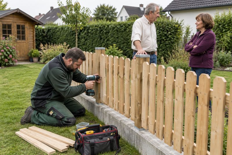 Zwei Nachbarn unterhalten sich an einem neuen Gartenzaun, an dem ein Handwerker eine Latte verschraubt