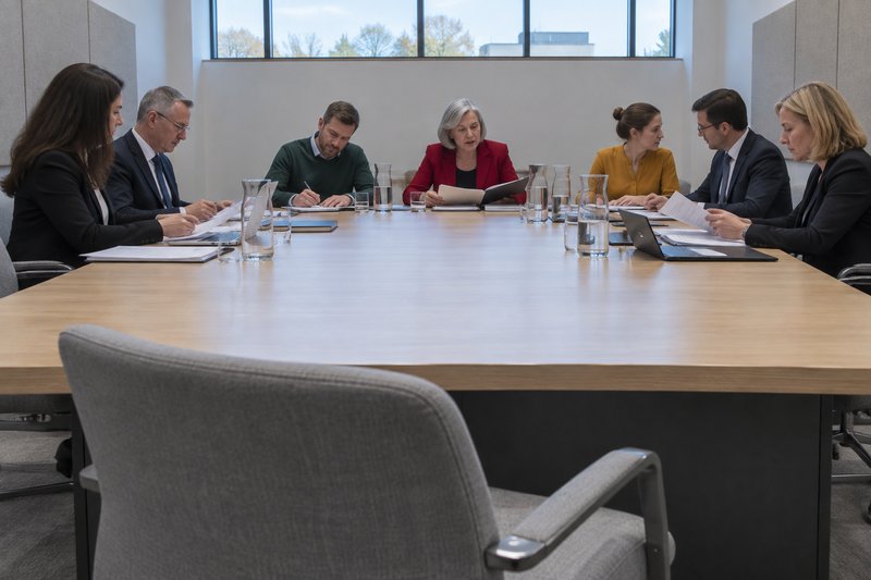 Ausschusssitzung an einem langen Konferenztisch, acht Mitglieder arbeiten, der Platz im Vordergrund bleibt unbesetzt