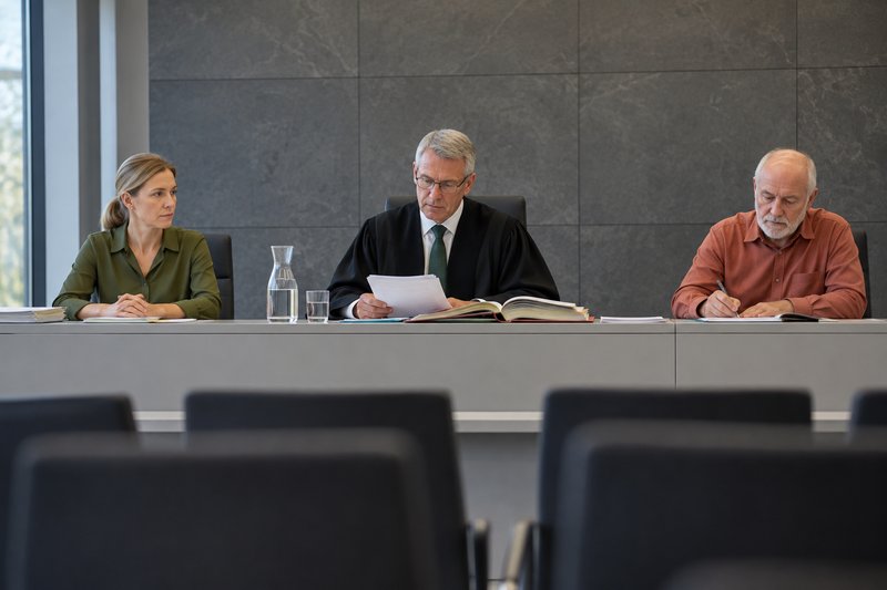 Berufsrichter in schwarzer Robe sitzt zwischen zwei Schöffen ohne Robe an der Richterbank eines Gerichtssaals