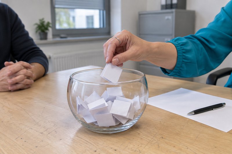 Hand zieht einen gefalteten Zettel aus einer Glasschale voller Lose auf einem Tisch in einem schlichten Amtsraum
