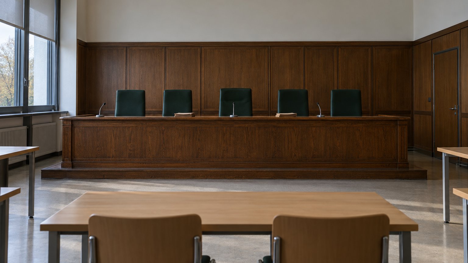 Leerer Gerichtssaal mit langer Richterbank aus dunkler Eiche, fünf leeren dunkelgrünen Stühlen und gedämpftem Seitenlicht (KI-generiert)