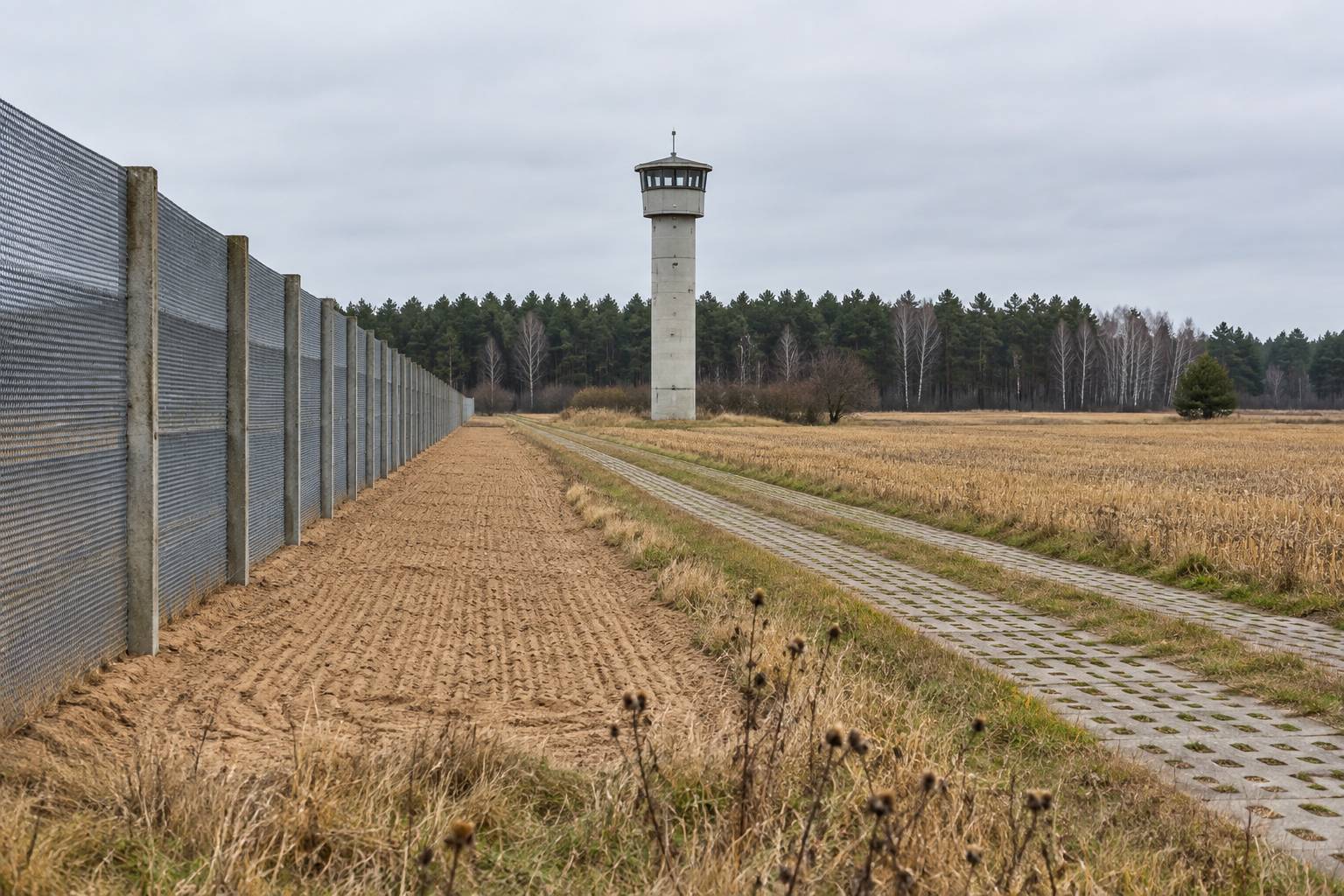 Erhaltener Abschnitt der früheren innerdeutschen Grenze mit Metallgitterzaun, geharktem Kontrollstreifen, Kolonnenweg und einem Betonwachturm im Hintergrund