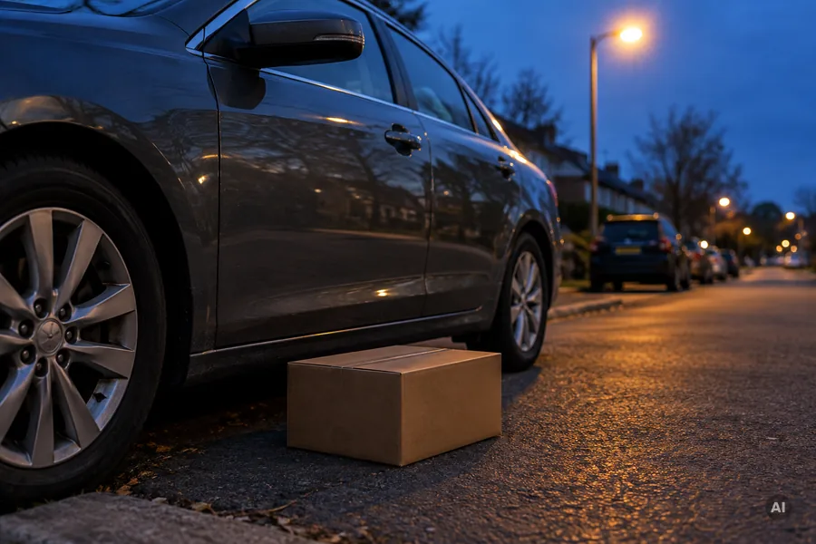 Ein Karton steht in der Abenddämmerung auf der Straße neben der Fahrertür eines geparkten Autos