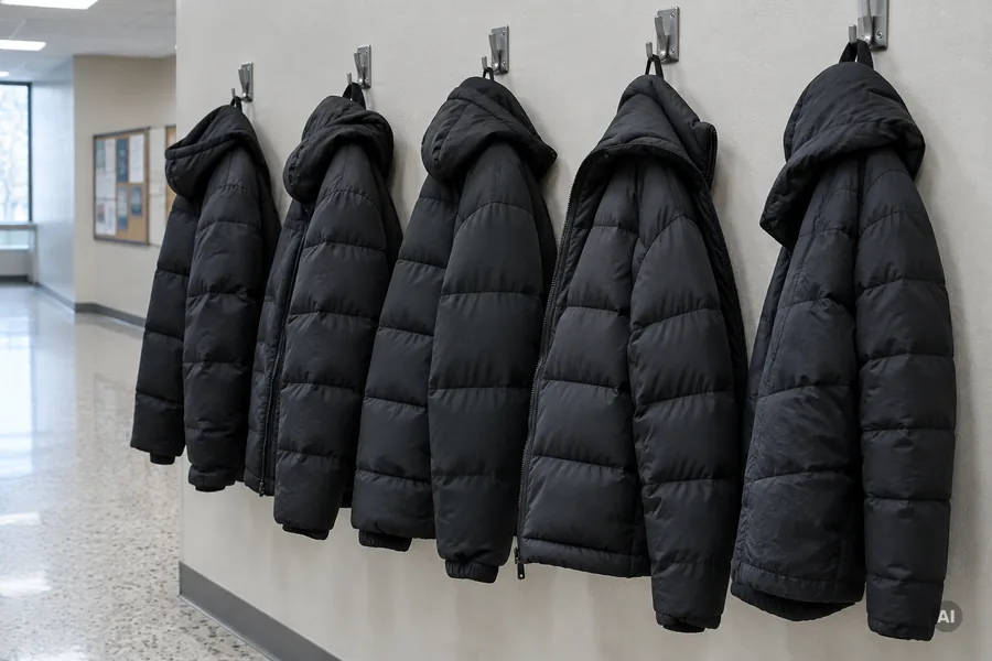 Mehrere fast gleiche schwarze Winterjacken hängen nebeneinander an Garderobenhaken