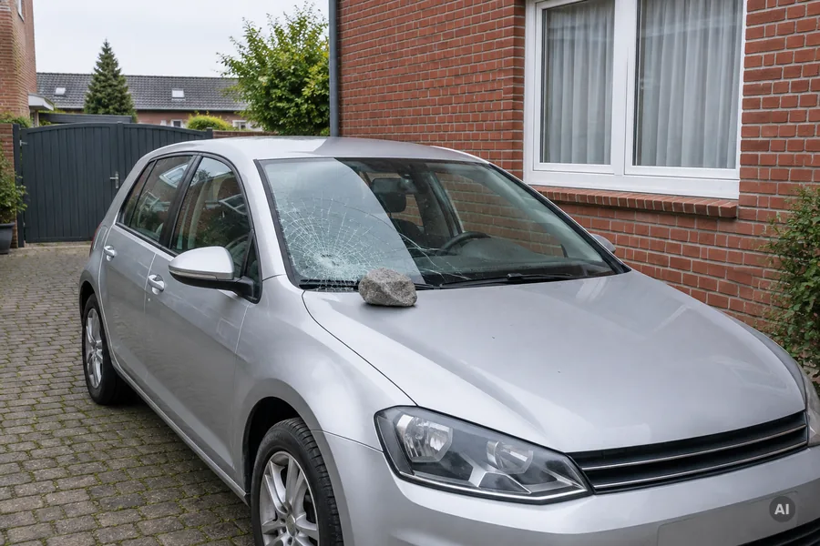 Zersprungene Windschutzscheibe eines in der Hofeinfahrt geparkten Autos, ein Stein liegt auf der Motorhaube
