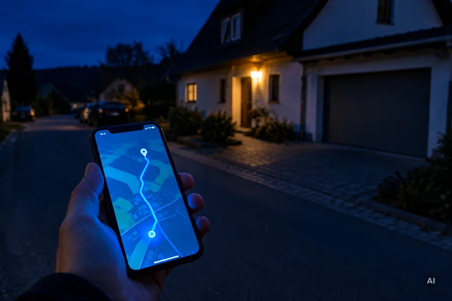Hand hält nachts ein Smartphone mit Kartennavigation vor einer Garage neben einem Wohnhaus in einer Dorfstraße