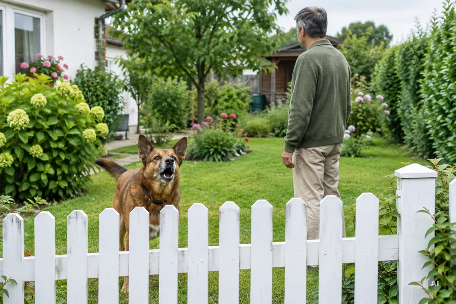 Ein bellender Hund steht hinter einem weißen Gartenzaun, dahinter ein Mann im Garten