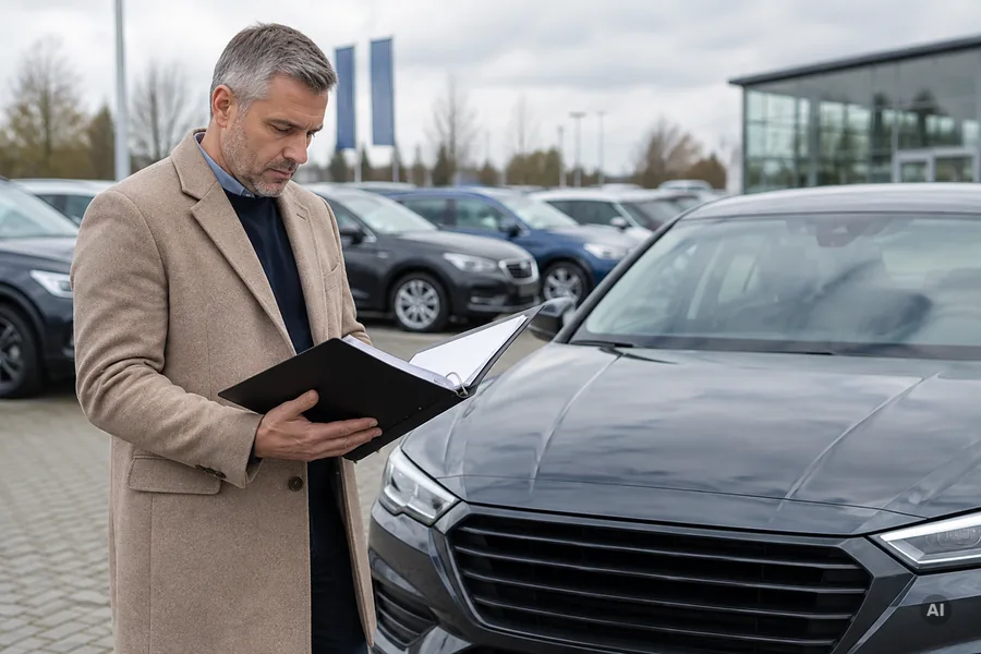 Gebrauchter Diesel-Pkw ohne erkennbare Marke auf einem Autohaus-Hof, davor ein Käufer mit Unterlagenordner
