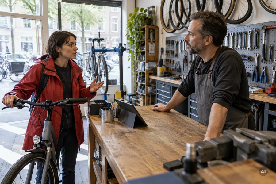 Käuferin bringt ein E-Bike in einen Fahrradladen zurück, der Verkäufer steht an der Theke