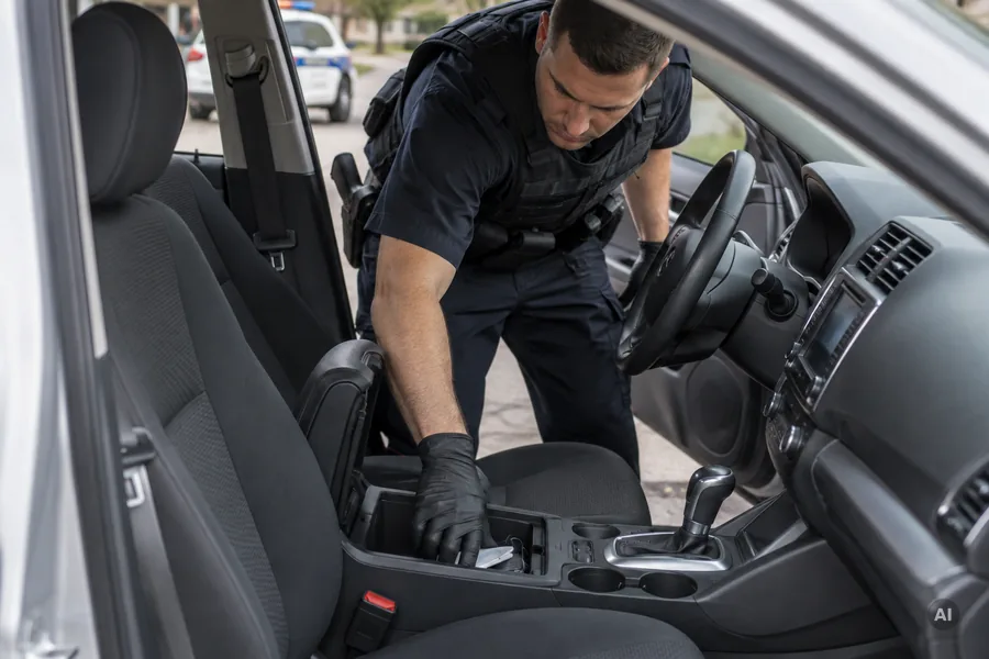 Ein Polizeibeamter durchsucht die geöffnete Mittelkonsole eines geparkten Autos.