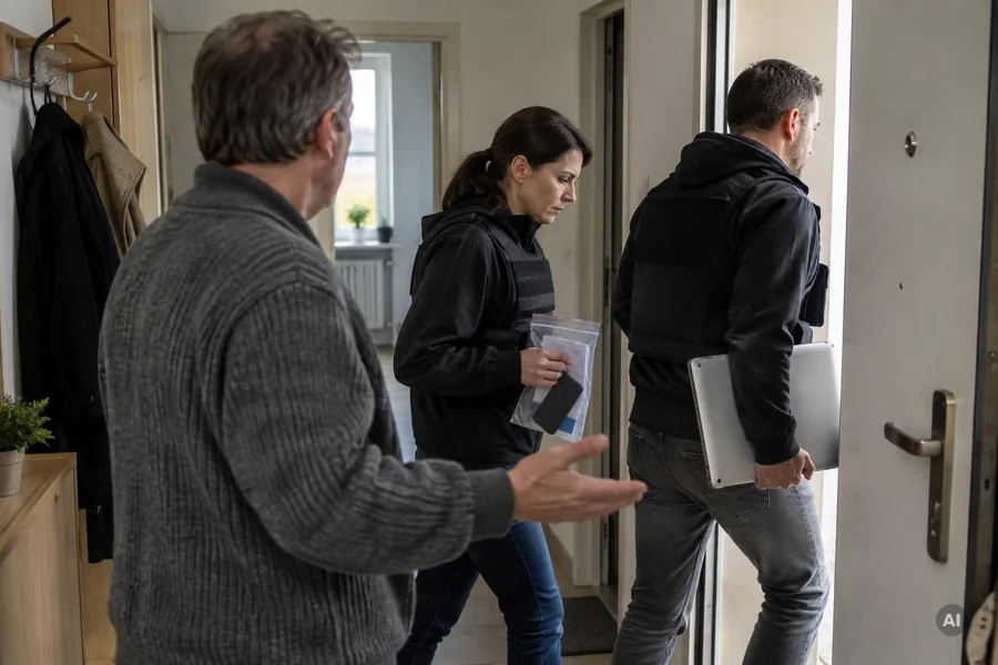 Zwei Einsatzkräfte tragen bei einer Wohnungsdurchsuchung einen Laptop und ein Smartphone in einem Beweismittelbeutel aus der Wohnung, im Hintergrund gestikuliert ein Bewohner.