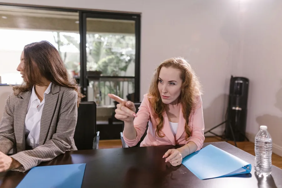 Zwei Frauen sitzen sich in einem Besprechungsraum gegenüber, eine spricht bestimmt und gestikuliert, die andere blickt zur Seite