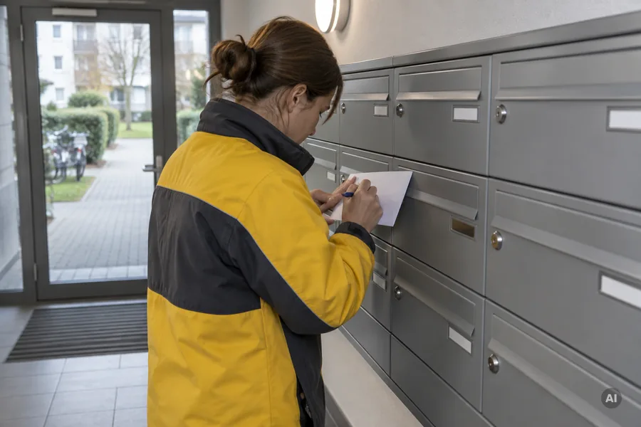 Postzustellerin schreibt in einem Hausflur ein Datum auf einen Briefumschlag vor einer Reihe Briefkästen