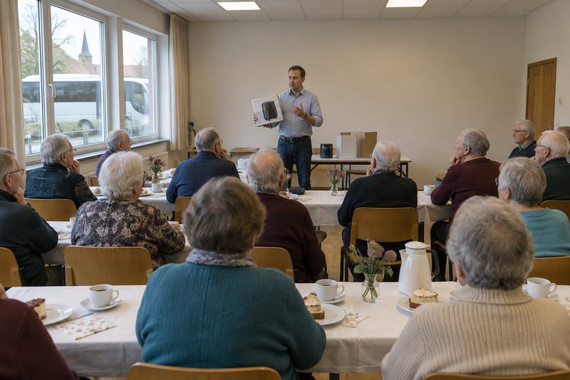 Verkäufer hält im Saal eines Gemeindehauses ein Gerät hoch, ältere Gäste sitzen an Kaffeetischen