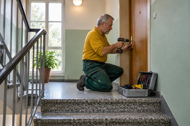 Monteur kniet im Treppenhaus vor einer Wohnungstür und setzt mit dem Akkuschrauber einen Schließzylinder ein