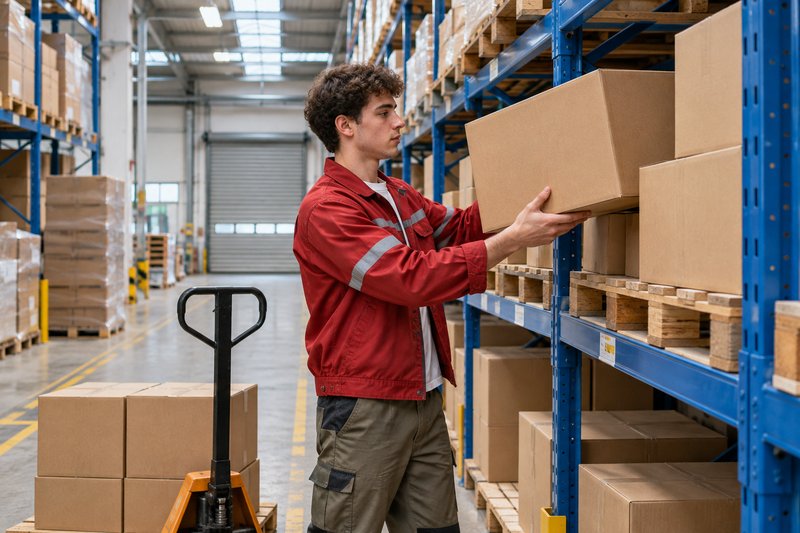 Ein Auszubildender in roter Arbeitsjacke hebt in einer Lagerhalle einen Karton ins Palettenregal