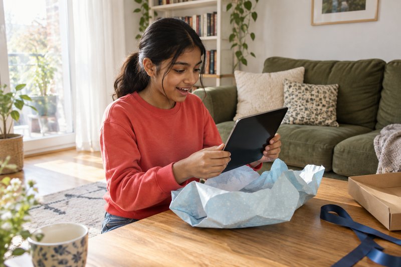 Eine Jugendliche packt am Wohnzimmertisch ein Tablet aus blauem Geschenkpapier aus
