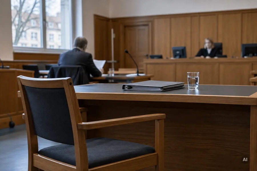 Leerer Stuhl an einem Parteitisch im Gerichtssaal, im Hintergrund die besetzte Gegenseite und die Richterbank.