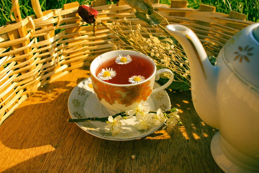 Eine Tasse Kamillentee mit Kamillenblüten auf einem Holztisch