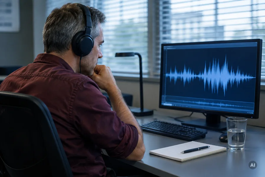 Ein Mann mit Kopfhörern sitzt an einem Bildschirm, auf dem eine Audiowellenform läuft
