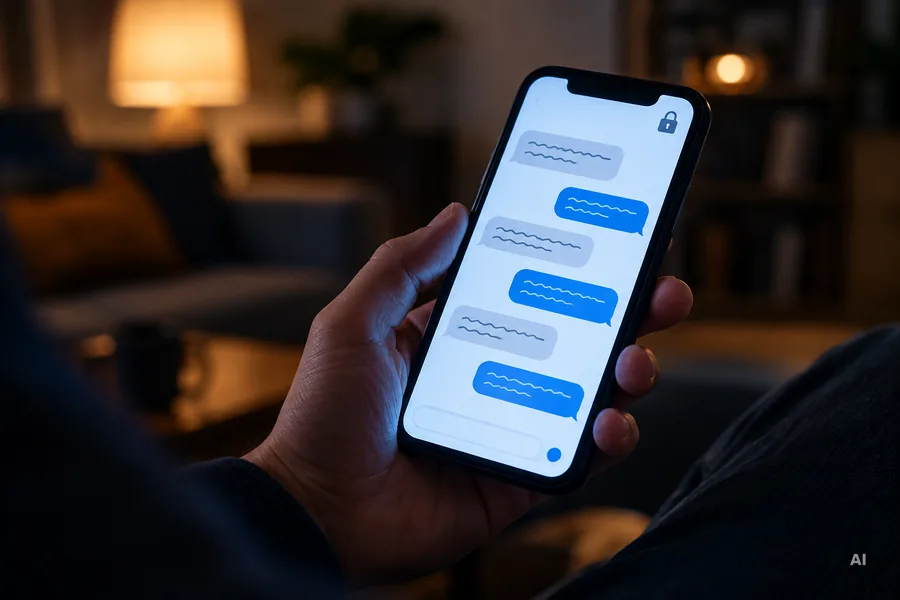 Eine Hand hält ein Smartphone mit einem Chatverlauf und einem kleinen Schloss-Symbol am Bildschirmrand