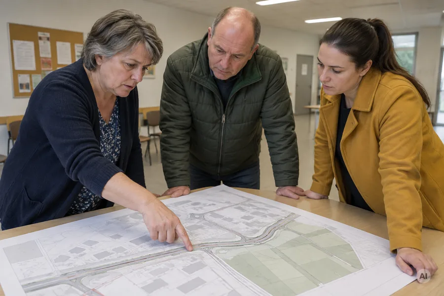 Drei Anwohner beugen sich über einen ausgelegten Plan mit dem Verlauf einer geplanten Straßentrasse.