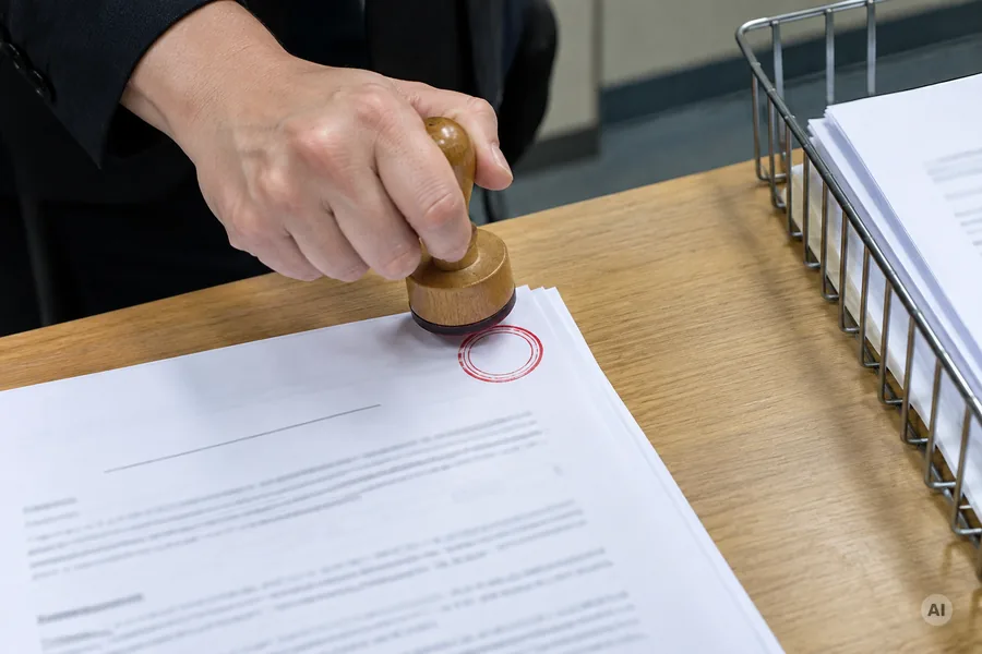 Hand stempelt eine eingereichte Klageschrift mit einem roten Eingangsstempel