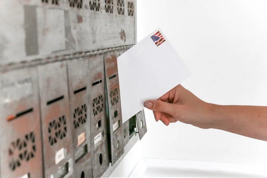 Hand steckt einen Briefumschlag in eine Hausbriefkastenanlage