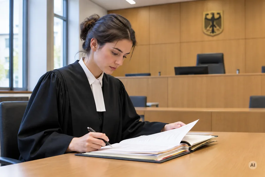 Eine Referendarin in schwarzer Robe sitzt am Tisch der Staatsanwaltschaft in einem Gerichtssaal und liest in einer Akte.