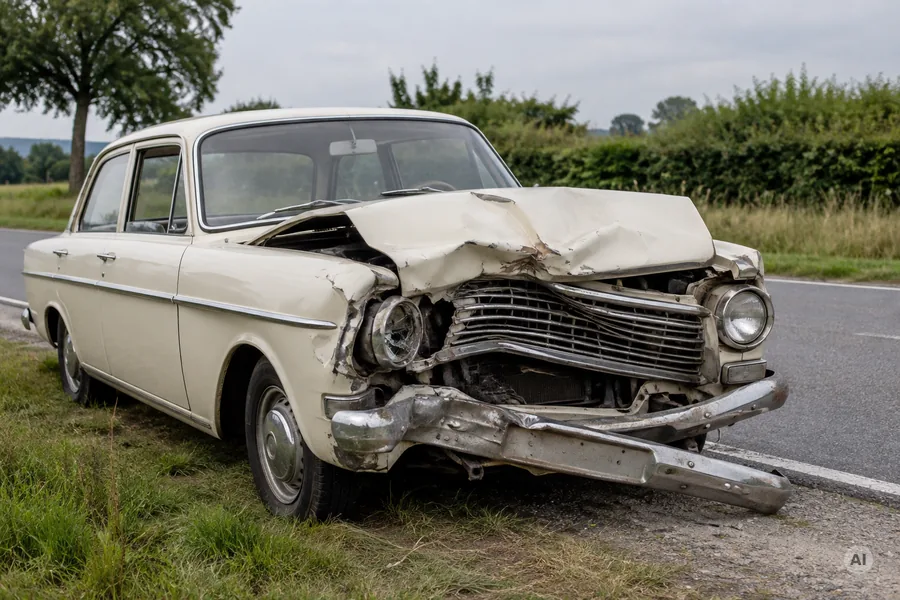 Cremefarbener Oldtimer mit stark beschädigter Front am Straßenrand nach einem Unfall