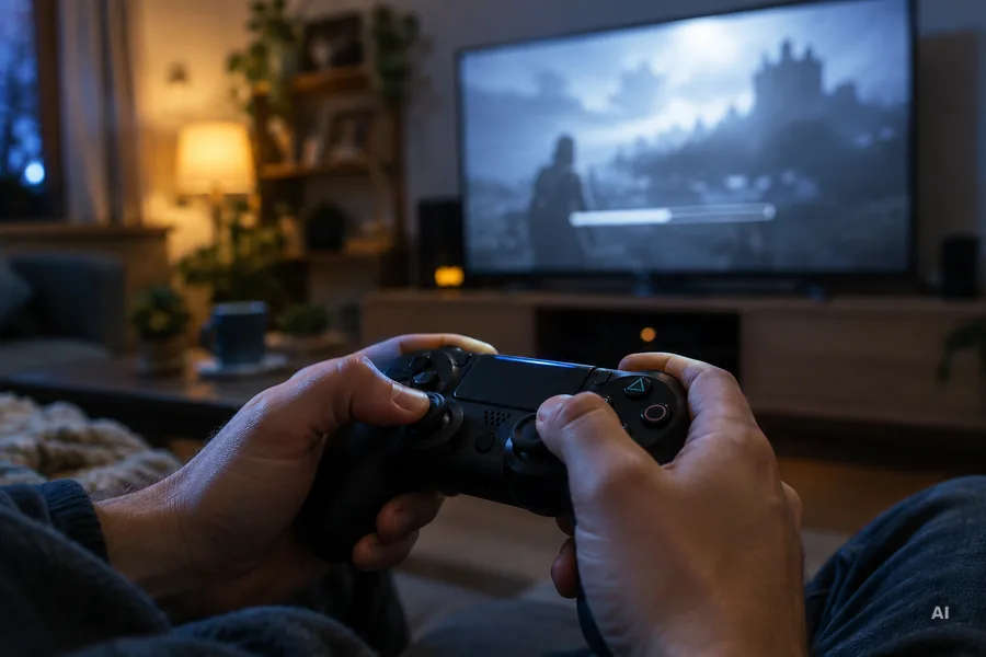 Hände halten einen neuen Spiele-Controller, im Hintergrund zeigt der Bildschirm einen Ladebalken