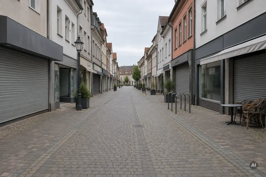 Menschenleere Fußgängerzone einer deutschen Kleinstadt, alle Geschäfte mit heruntergelassenen Rollläden, grauer Himmel